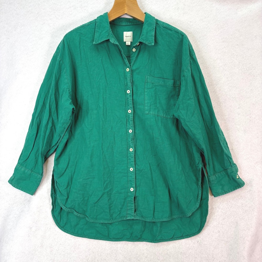 Maeve Linen Blend Button Down Shirt Green Sz L Coastal Grandma Oversize Preppy